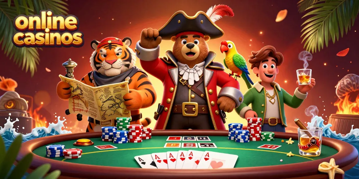 Experience thrilling online casinos with the pirate captain bear amidst vibrant poker elements.