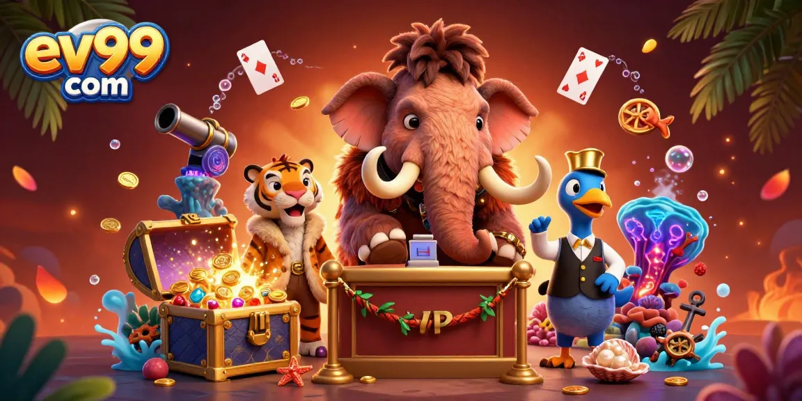 Experience thrilling gameplay with ev99 com, where a saber-tooth tiger and woolly mammoth invite you to the ultimate casino adventure.