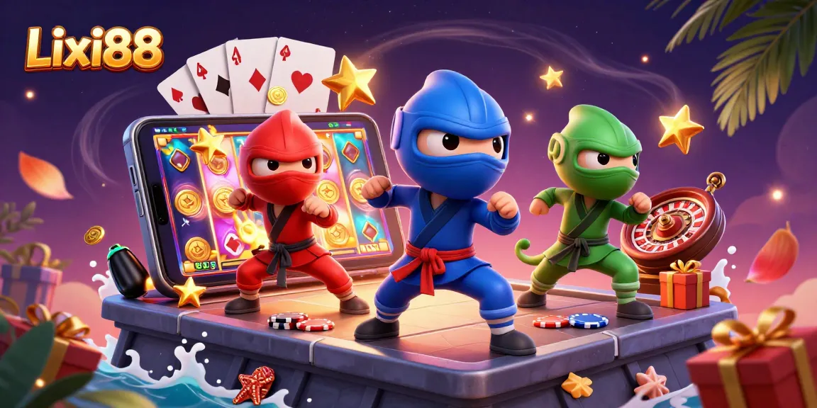 Lixi88 ninja chameleons battling in a vibrant online casino environment with slot games and prizes.