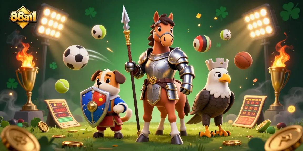 Bet on thrilling moments with 88aa1 in an ultra-detailed casino scene featuring knights and sports.