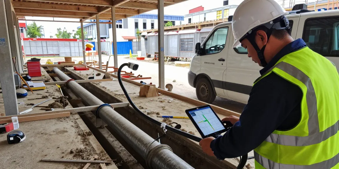 CCTV Drainage Surveys london Surrey technician performing a drainage inspection at a busy construction site for accurate sewer mapping.
