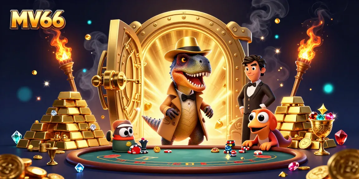 MV66 showcases a card counting velociraptor at a blackjack table amidst a rich casino scene.