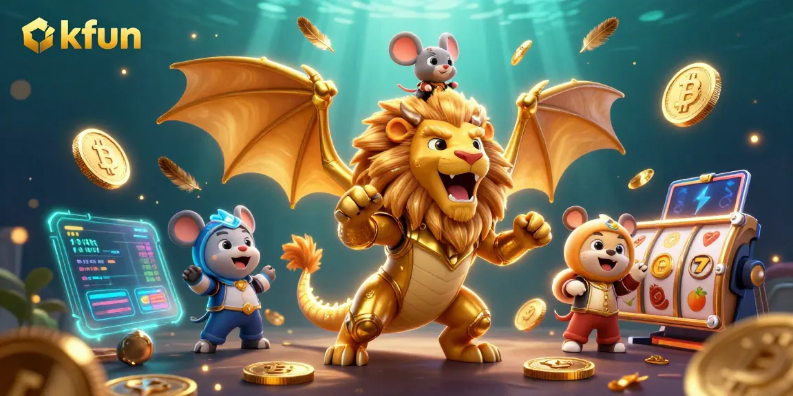 Experience excitement with okfun in an ultra-detailed 3D casino scene featuring a chimera and crypto coins.