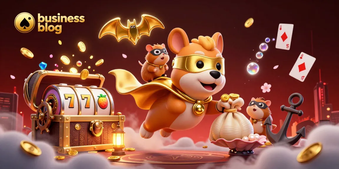 Exciting business blog graphic showcasing a superhero dog flying with gold coins amid casino elements.
