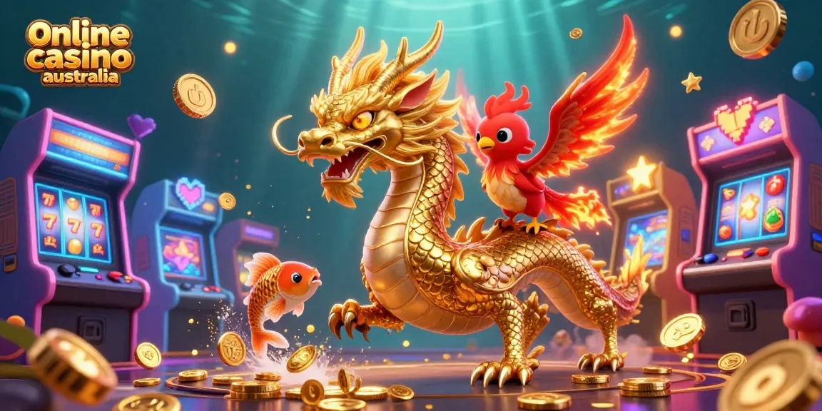 Watch the fierce golden Chinese dragon and cute red phoenix soaring through a dynamic online casino Australia scene filled with shimmering coins and vibrant game elements.